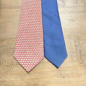 KAILONG Neckties Lot Of 2 Handmade 100% Silk Red Elephant Print Blue Dot